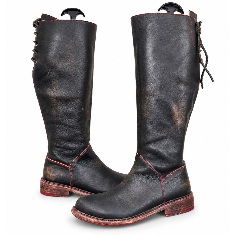 BED STU Manchester Black Leather Tall Riding Boots Distressed Womens Size 8